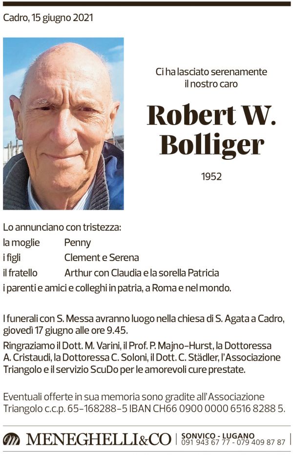 Annuncio funebre Robert W. Bollinger