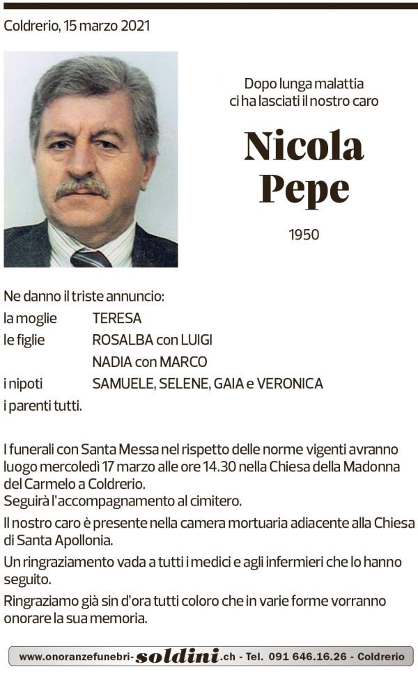 Annuncio funebre Nicola Pepe