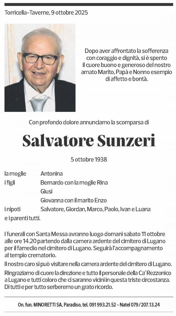 Annuncio funebre Salvatore Sunzeri