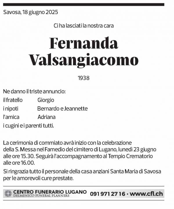 Annuncio funebre Fernanda Valsangiacomo