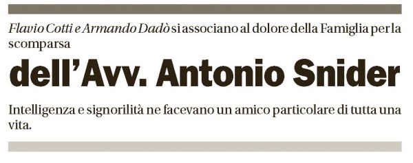 Annuncio funebre Antonio Snider