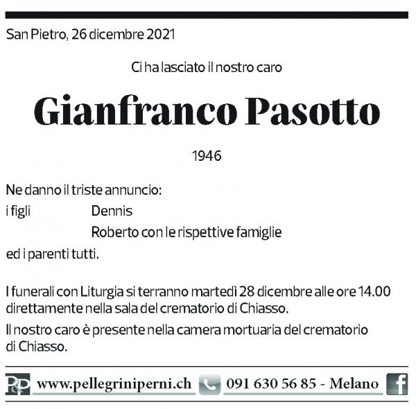 Annuncio funebre Gianfranco Pasotto