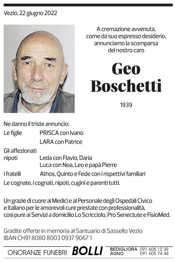 Annuncio funebre Geo Boschetti