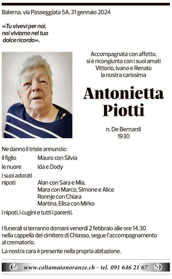 Annuncio funebre Antonietta Piotta