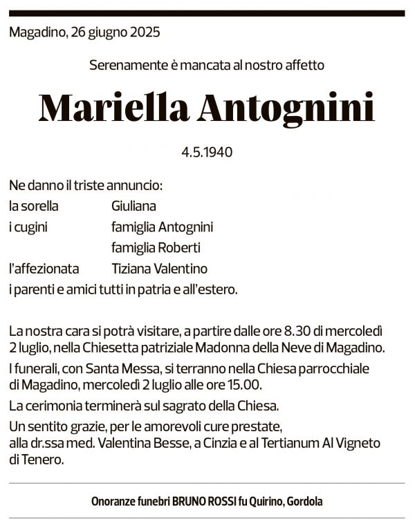 Annuncio funebre Mariella Antognini