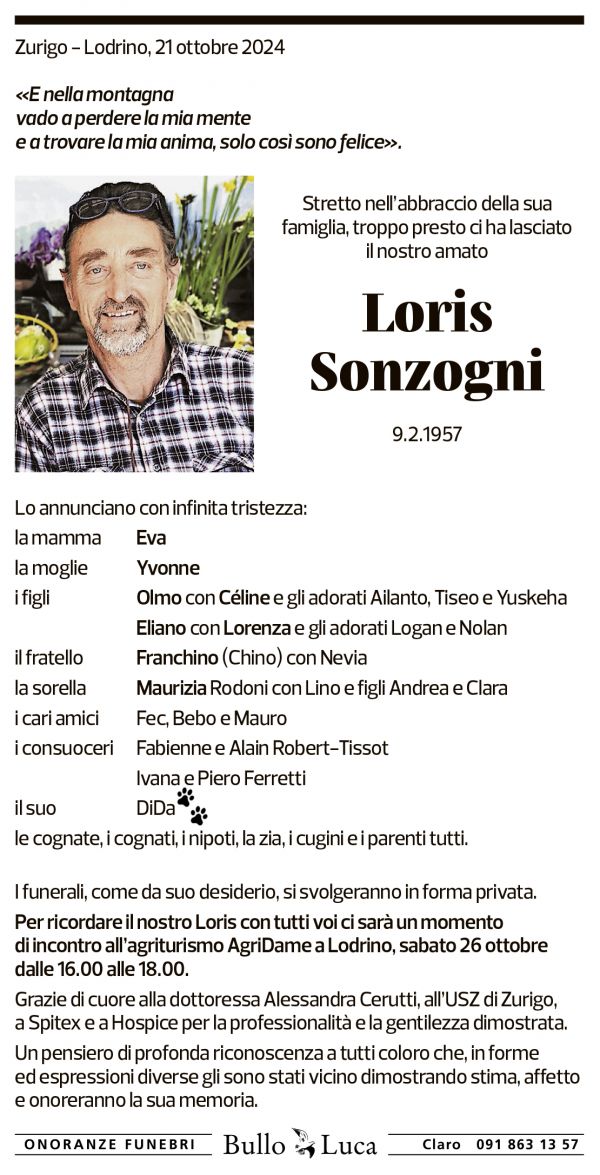 Annuncio funebre Loris Sonzogni