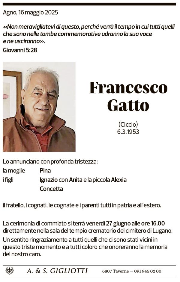 Annuncio funebre Francesco Gatto