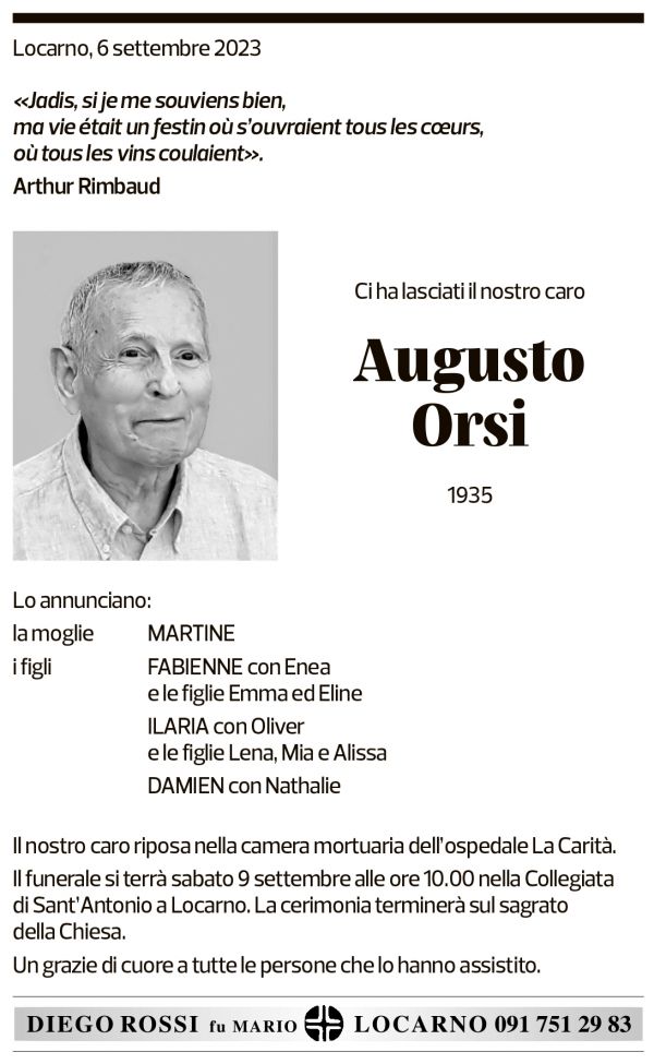 Annuncio funebre Augusto Orsi