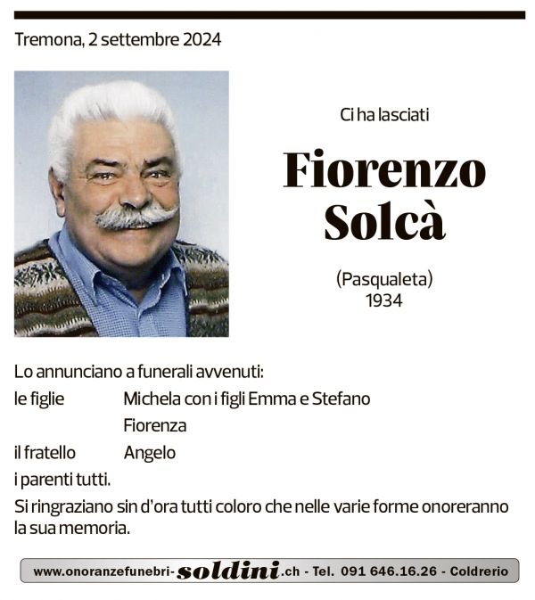 Annuncio funebre Fiorenzo Solcà