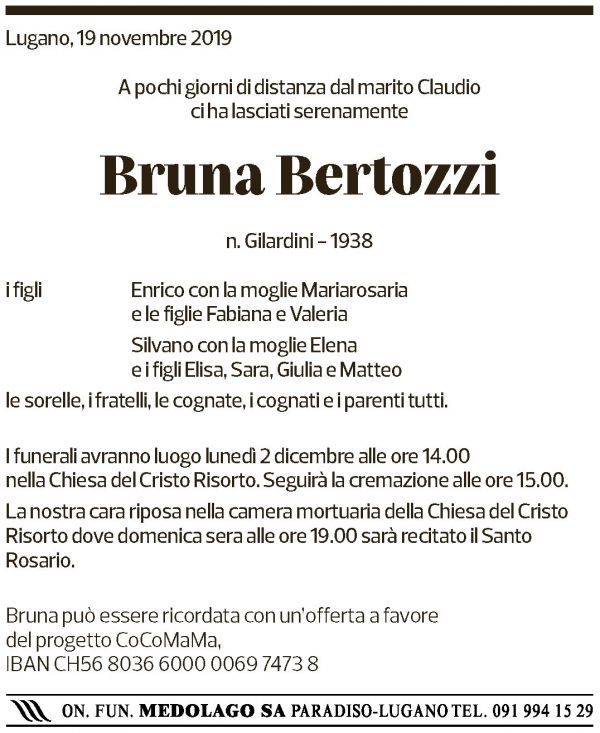 Annuncio funebre Bruna Bertozzi