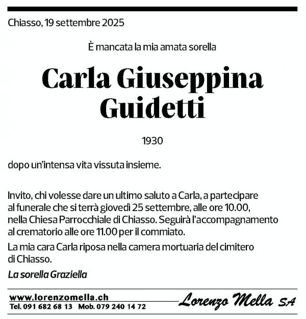 Annuncio funebre Carla Giuseppina Guidetti