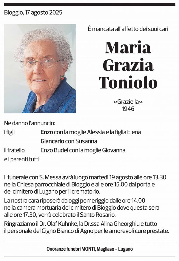 Annuncio funebre Maria Grazia Toniolo