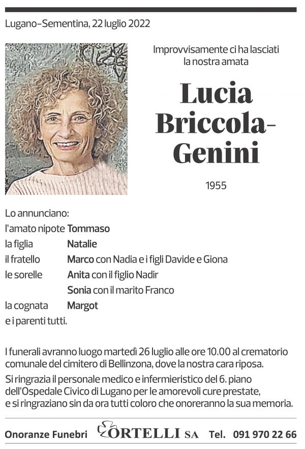 Annuncio funebre Lucia Briccola-genini