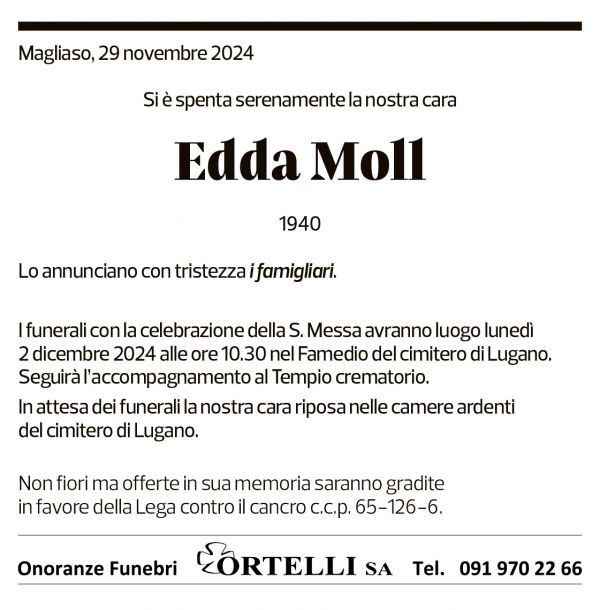 Annuncio funebre Edda Moll