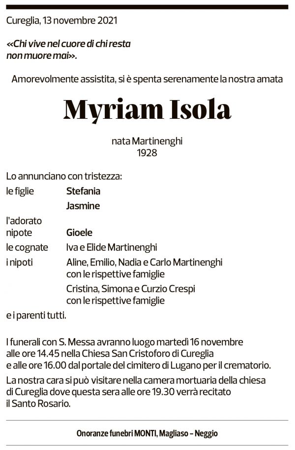 Annuncio funebre Myriam Isola