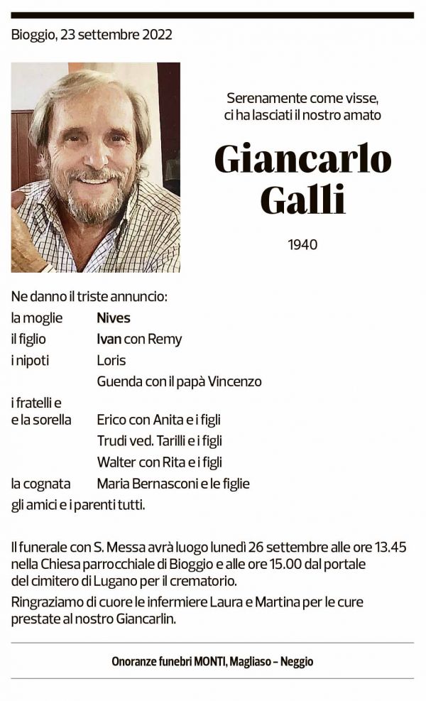 Annuncio funebre Giancarlo Galli