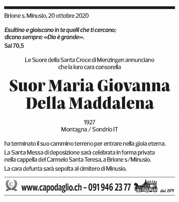 Annuncio funebre Maria Giovanna Della Maddalena