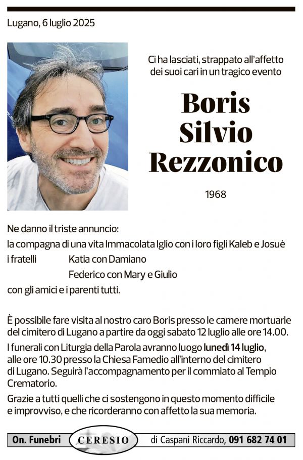 Annuncio funebre Boris Silvio Rezzonico