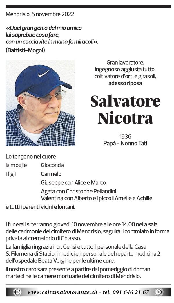 Annuncio funebre Salvatore Nicotra