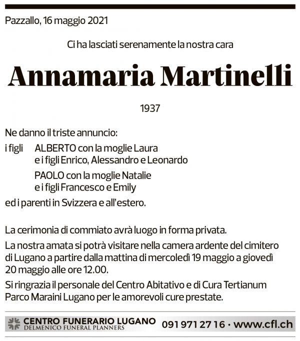 Annuncio funebre Annamaria Martinelli