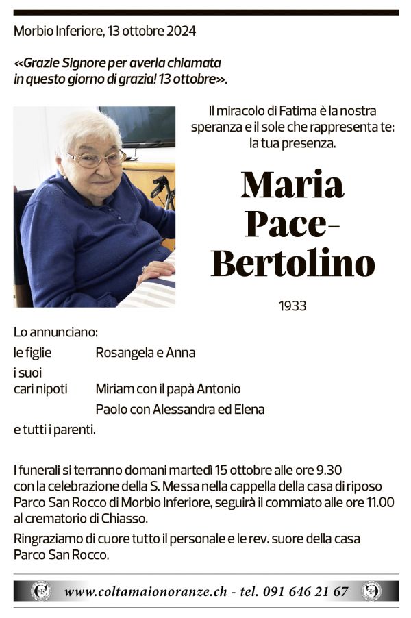 Annuncio funebre Maria Pace-bertolino