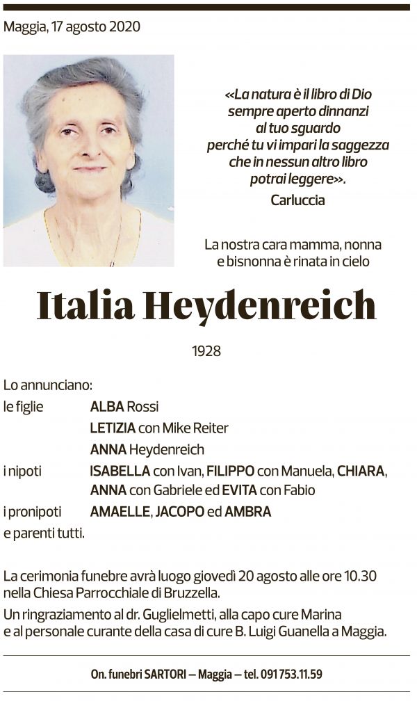 Annuncio funebre Italia Heydenreich