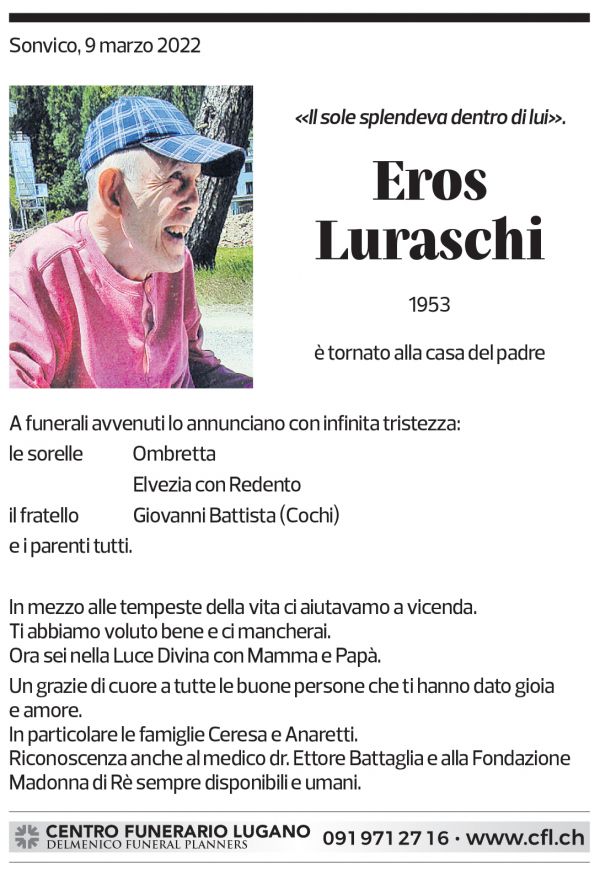 Annuncio funebre Eros Luraschi