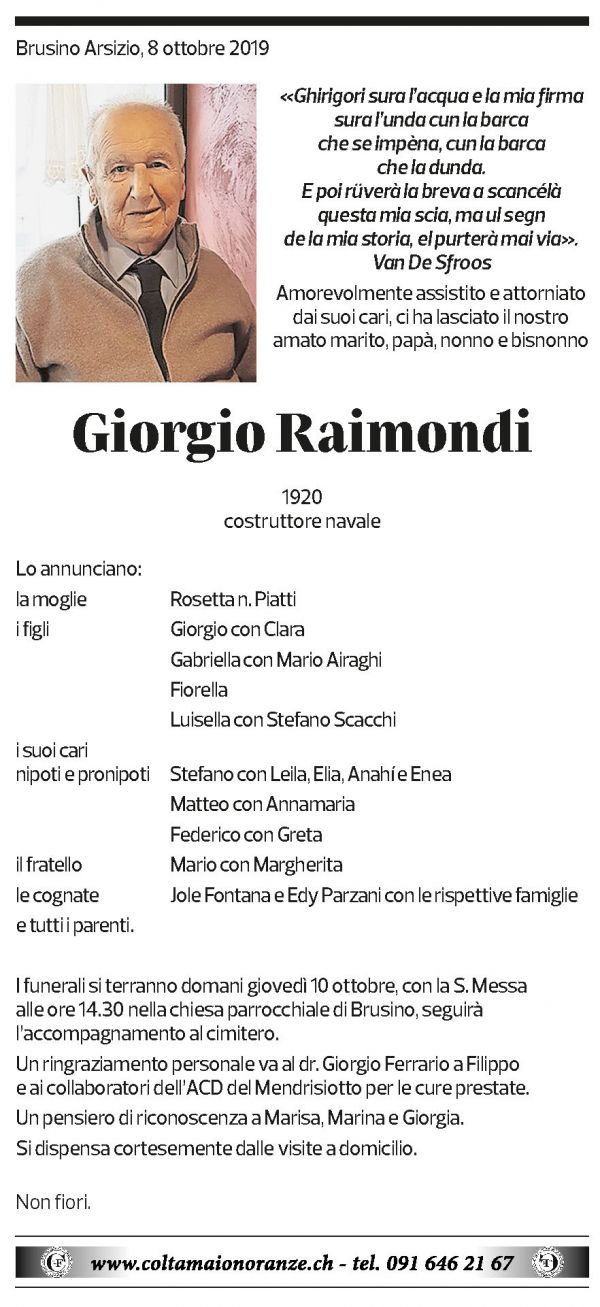 Annuncio funebre Giorgio Raimondi