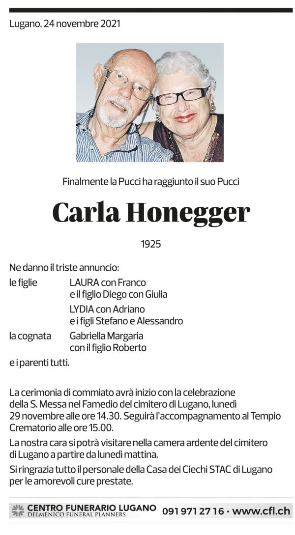 Annuncio funebre Carla Honegger