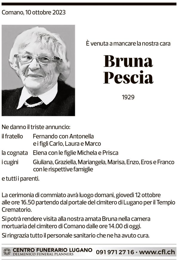 Annuncio funebre Bruna Pescia