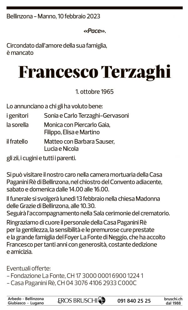 Annuncio funebre Francesco Terzaghi