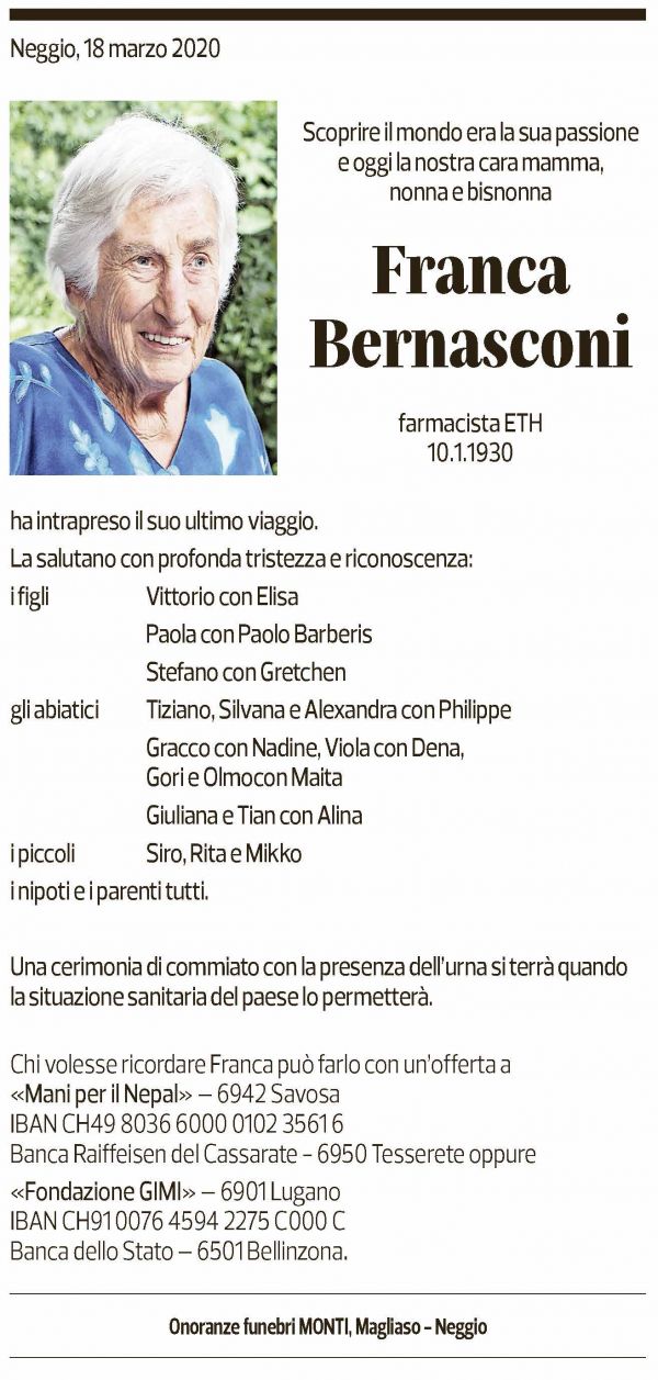 Annuncio funebre Franca Bernasconi