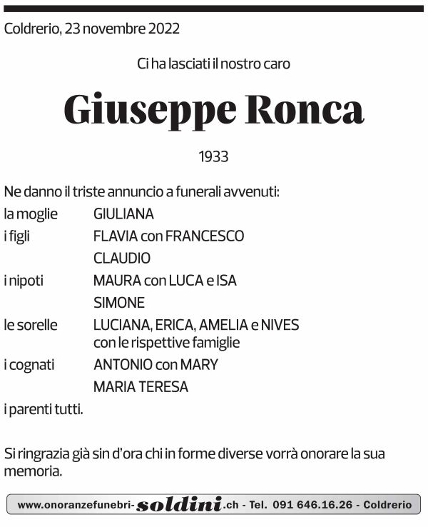 Annuncio funebre Giuseppe Ronca