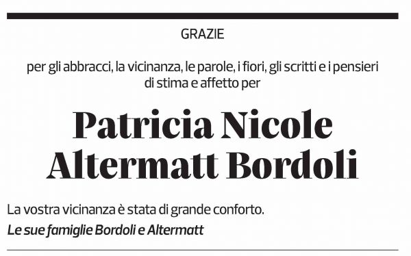 Annuncio funebre Patricia Nicole Altermatt Bordoli