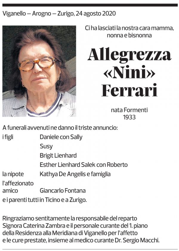 Annuncio funebre Allegrezza"nini" Ferrari