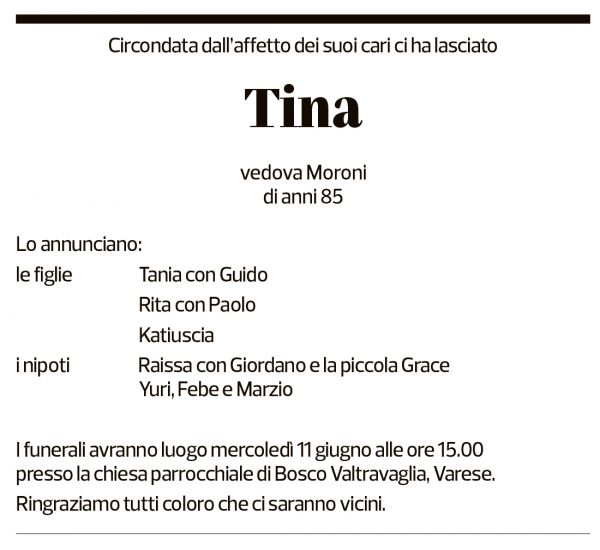 Annuncio funebre Tina 