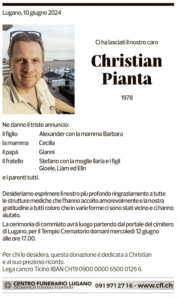 Annuncio funebre Christian Pianta