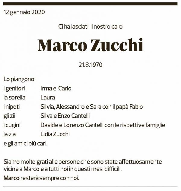 Annuncio funebre Marco Zucchi