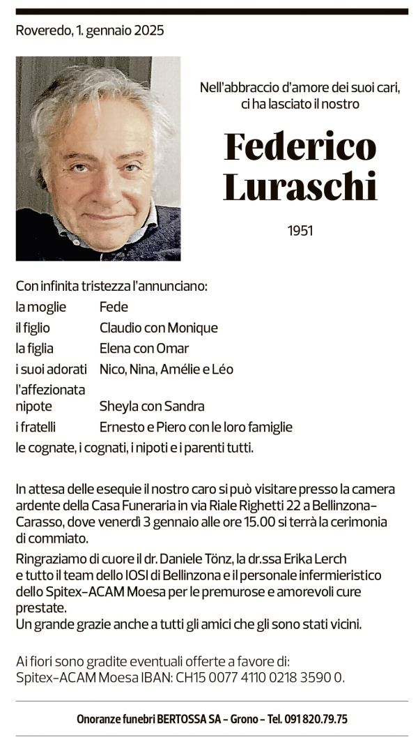 Annuncio funebre Federico Luraschi