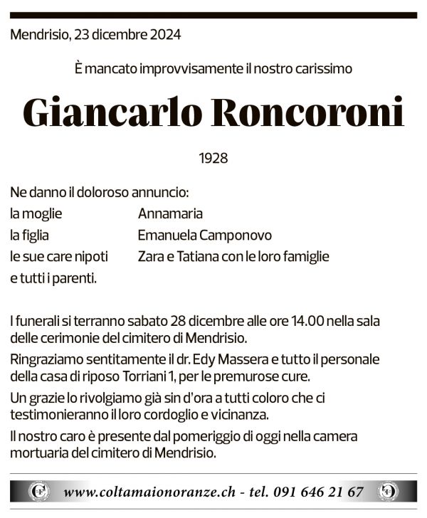 Annuncio funebre Giancarlo Roncoroni