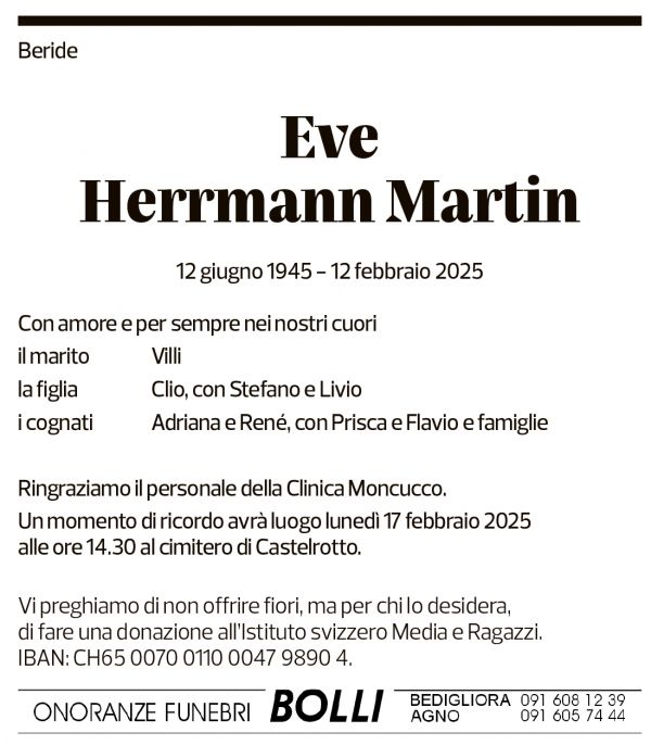 Annuncio funebre Eve Herrmann Martin