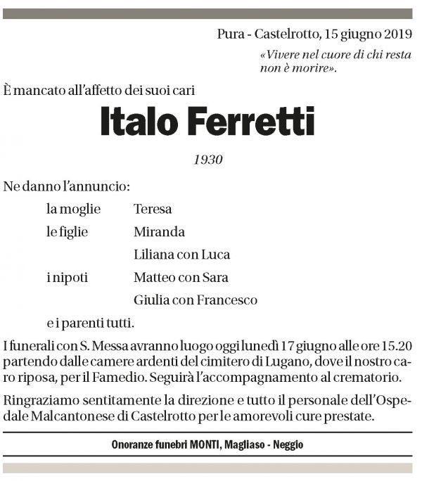 Annuncio funebre Italo Ferretti