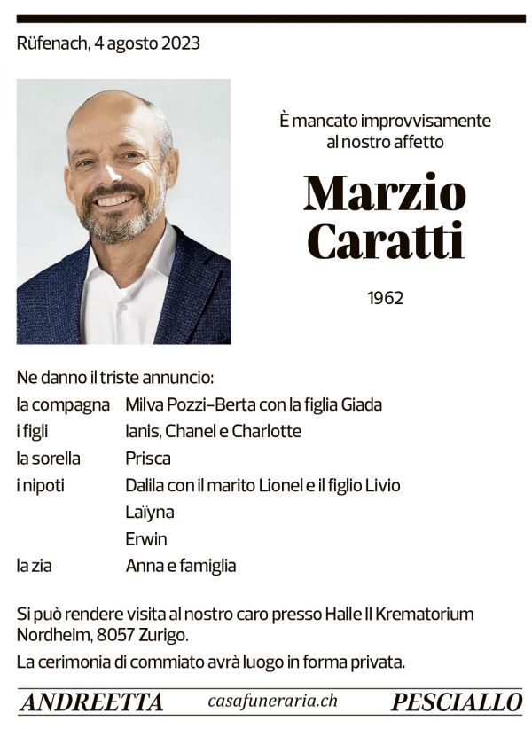 Annuncio funebre Marzio Caratti