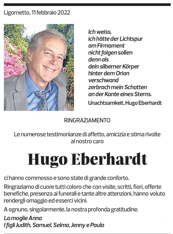 Annuncio funebre Hugo Eberhardt