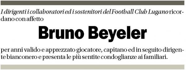 Annuncio funebre Bruno Beyeler