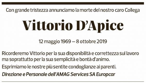 Annuncio funebre Vittorio D'apice