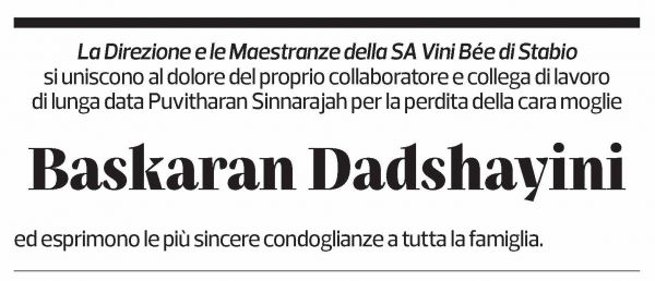 Annuncio funebre Baskaran Dadshayini