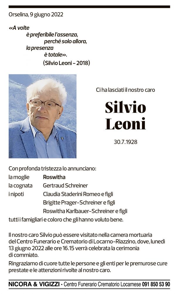 Annuncio funebre Silvio Leoni