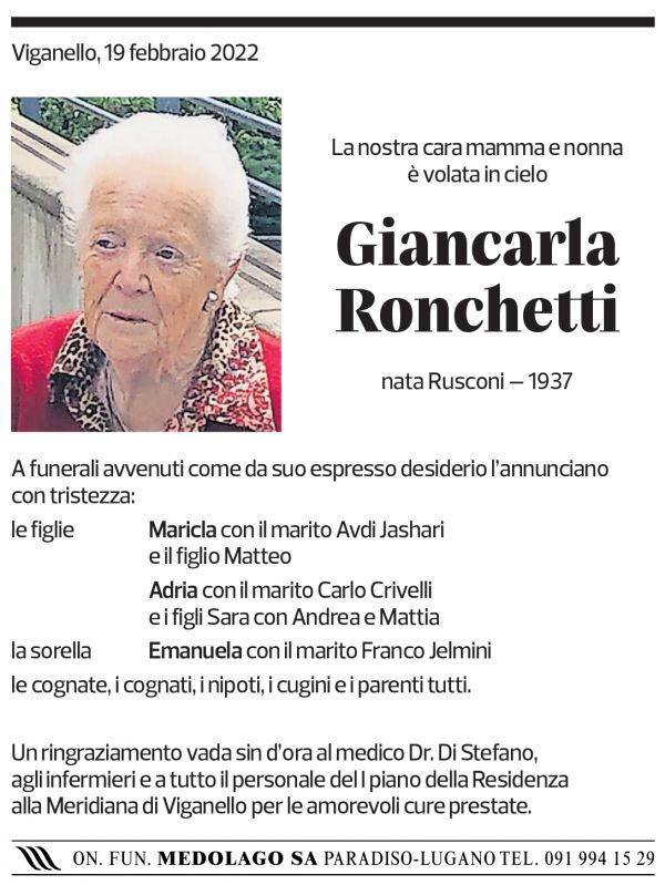 Annuncio funebre Giancarla Ronchetti