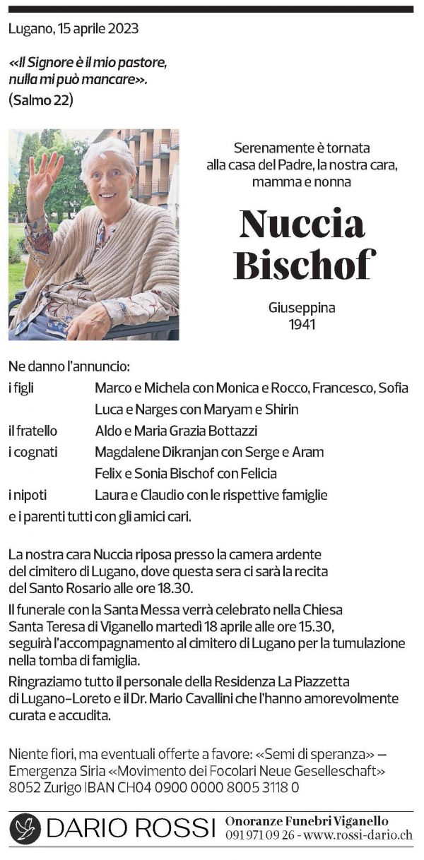 Annuncio funebre Nuccia Bischof